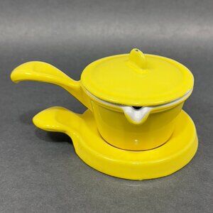 Vtg Descoware Butter Warmer Enamel Cast Iron Yellow Covered Dish Trivet Belgium